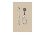 Shower rail set with a handheld shower head, hose, soap dish, and mounting hardware.