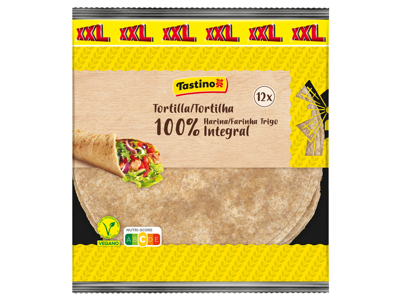Tortilhas integrais XXL Tastino (12 unidades).
