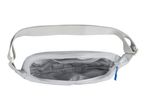 Light gray fanny pack with an open main compartment and a blue zipper pull.