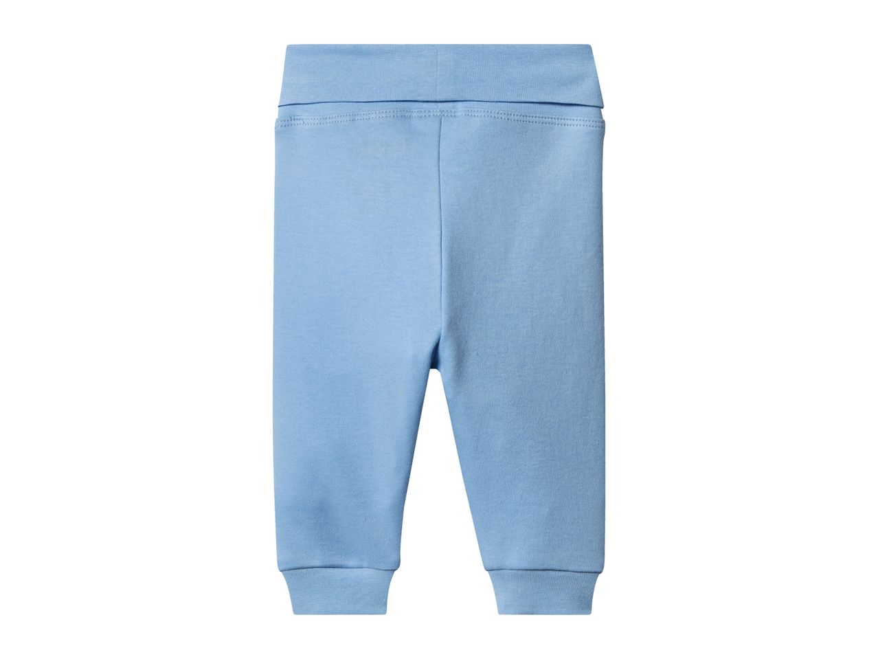 Light blue baby sweatpants with a wide elastic waistband and ribbed cuffs.