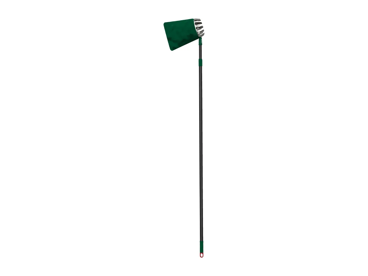 Fruit picker with a green bag and a long black pole.
