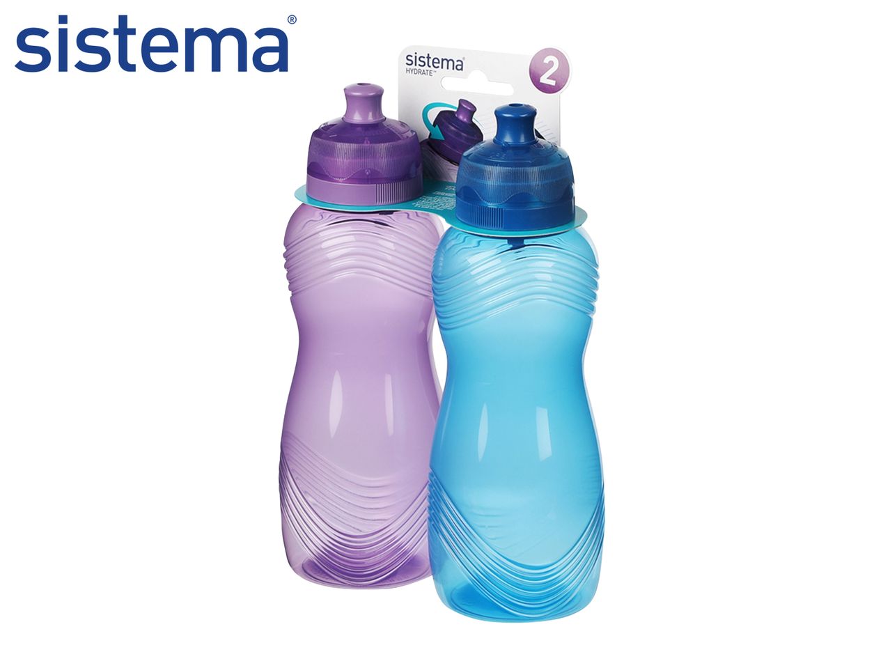 Two water bottles, one purple and one blue, with a label indicating a pack of 2.
