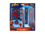 Spiderman skolesæt med 14 dele, inklusive notesbog, kuglepenne, blyanter, lineal og viskelæder.