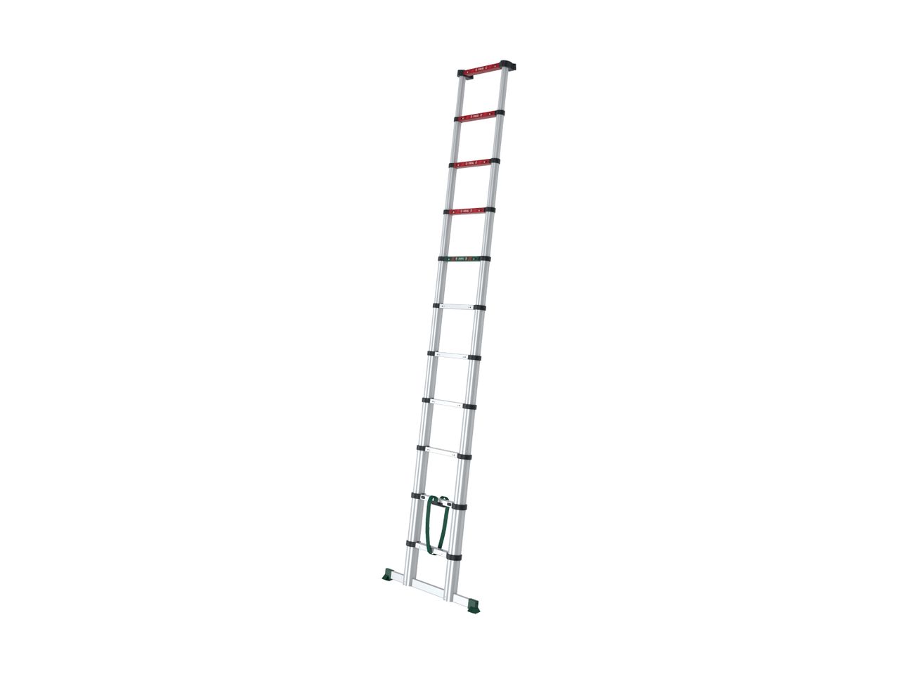 Extended telescopic ladder with red and green safety indicators
