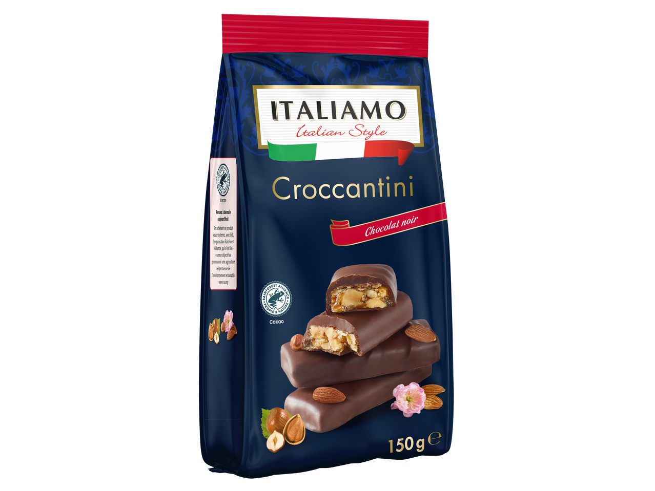 Sachet de croccantini au chocolat noir, avec des amandes et des noisettes.