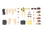 Wooden toy train tracks, construction vehicles, crane, and worker figures.