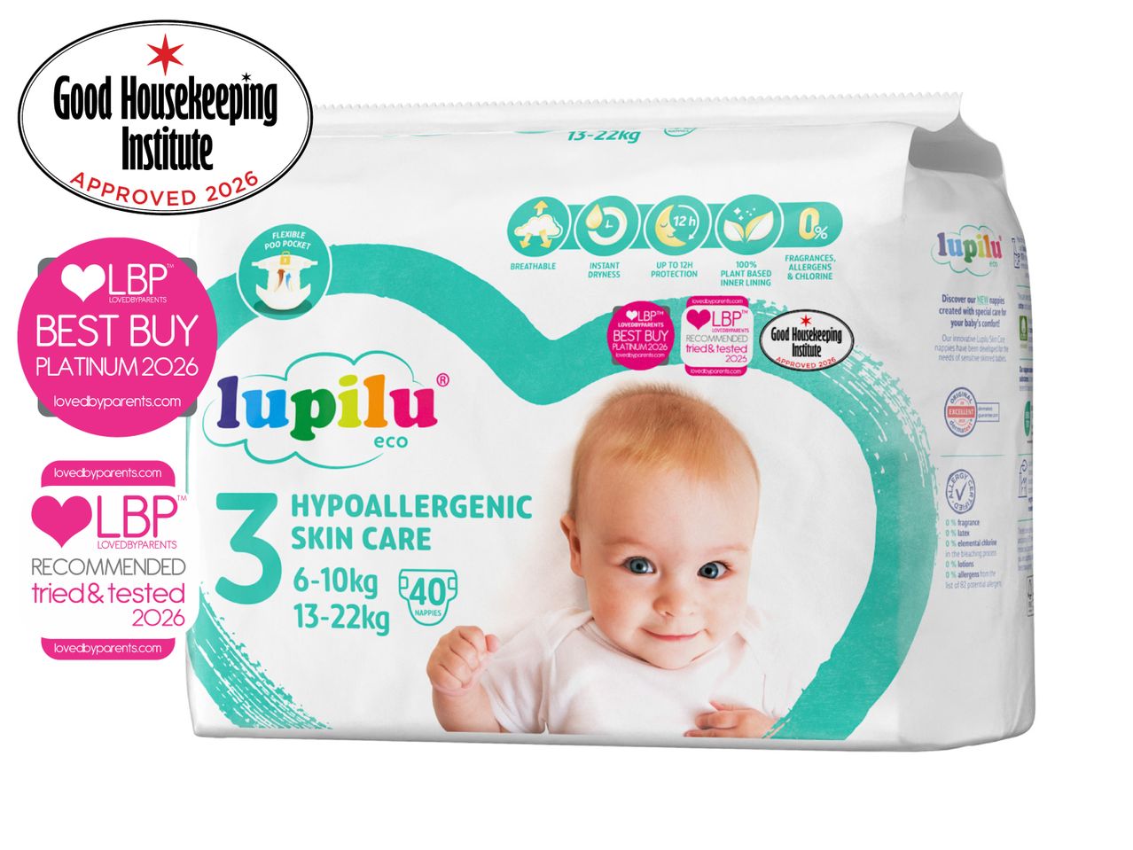 Hypoallergenic baby nappies with skin care features, size 3 for 6-10kg, 40 nappies.