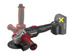 Cordless angle grinder with two handles and a battery pack.