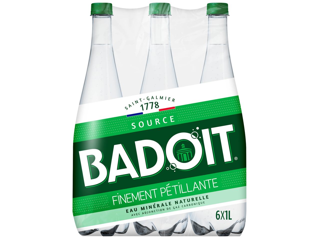 Pack de 6 bouteilles d'eau pétillante Badoit de 1 litre.