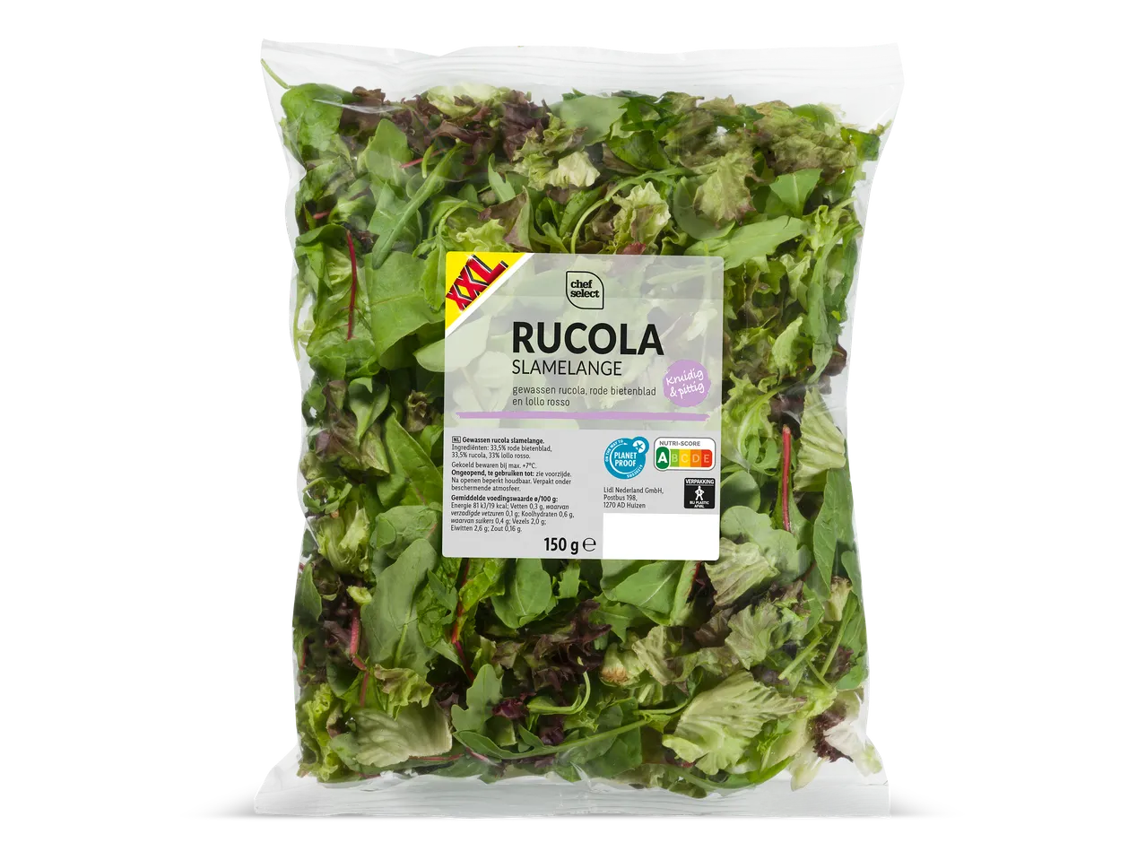 Een zak rucola slamelange met rode bietenblad en lollo rosso, 150 gram.