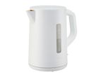 A white electric kettle with a handle and water level indicator.
