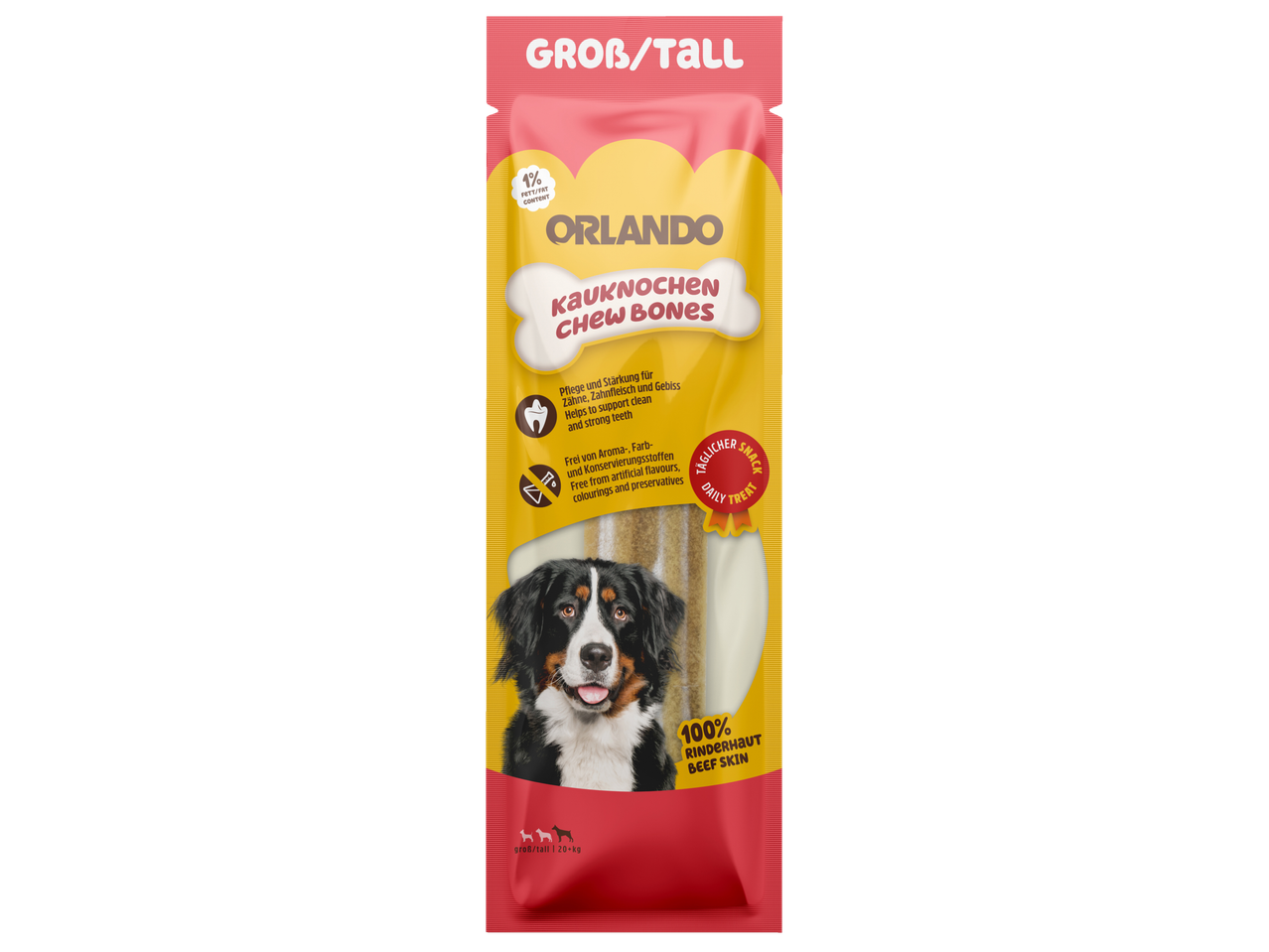 Orlando kauwbotten voor honden, gemaakt van 100% runderhuid, met 1% vetgehalte.