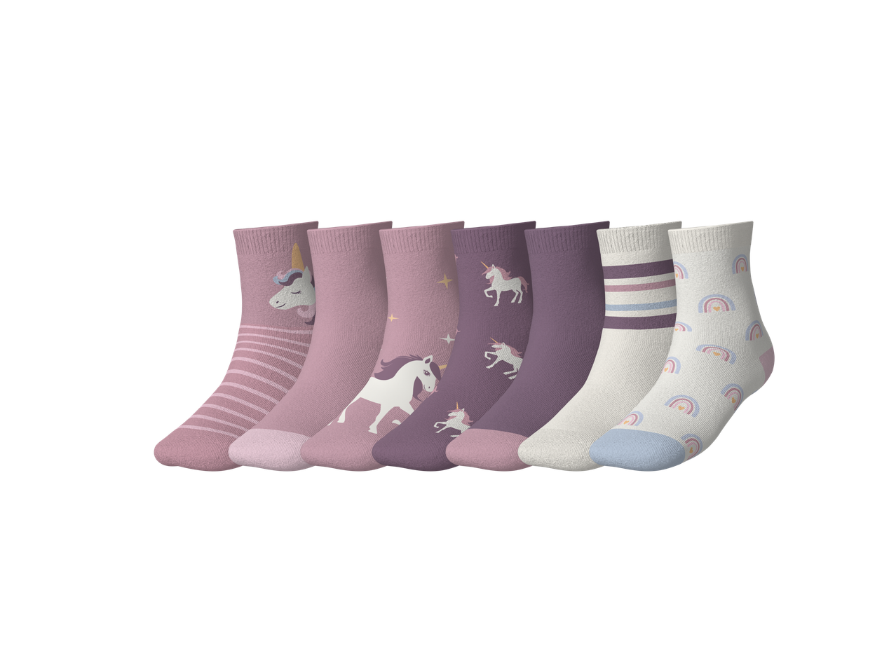LUPILU sokken met eenhoorns en regenbogen in roze, paars en wit.