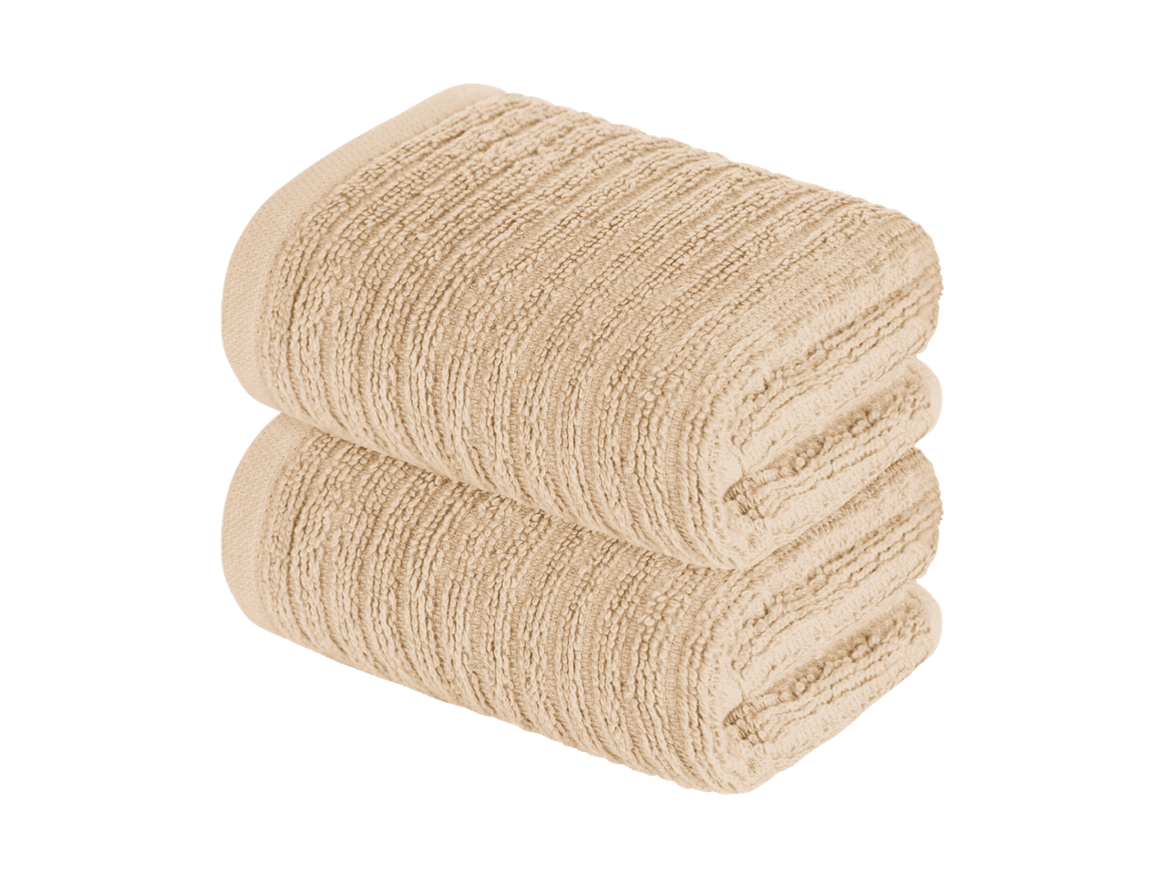 To stablede beige håndklæder med en tekstureret overflade.