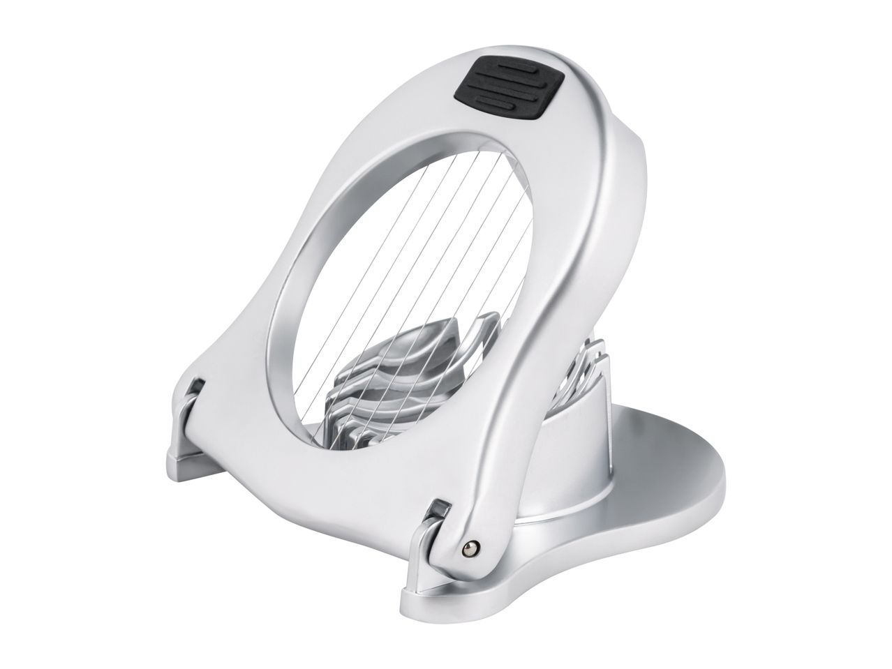 A silver egg slicer resembling a lyre.