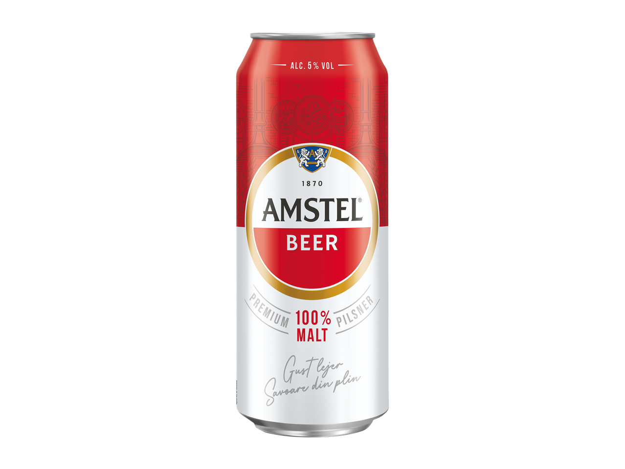 O doză de bere roșie și albă, cu textul „ALC. 5% VOL” și „100% MALT”.