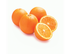 Four whole oranges and two halved oranges on a white background.