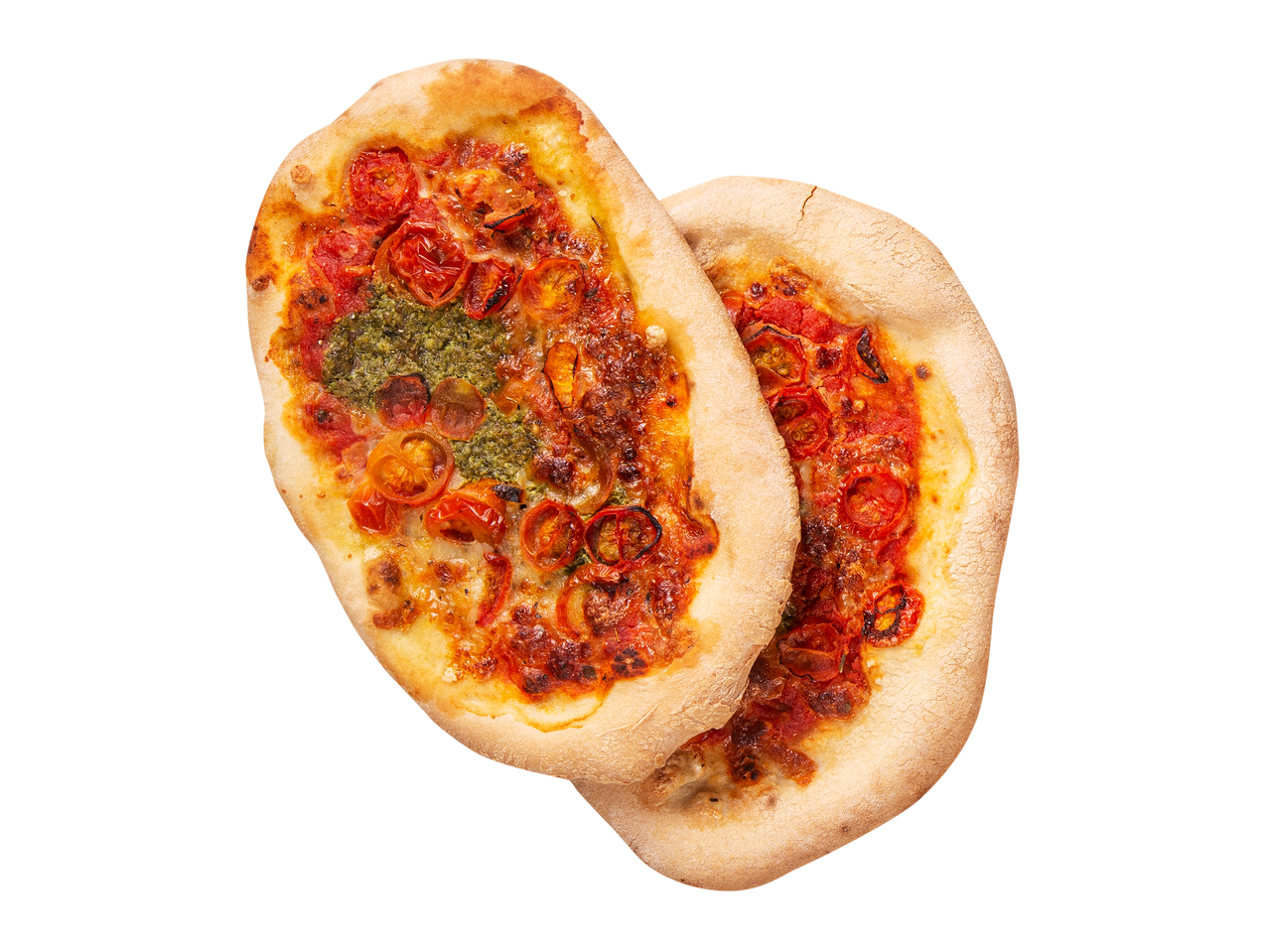 Kaksi pesto-tomaattipizzaa.