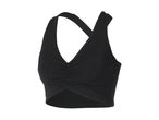 Black women's sports bra with a V-neck and ruched front detail.