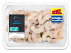 Verpakking met wokgarnalen, met een XXL voordeelverpakking label en ASC-gecertificeerd logo.