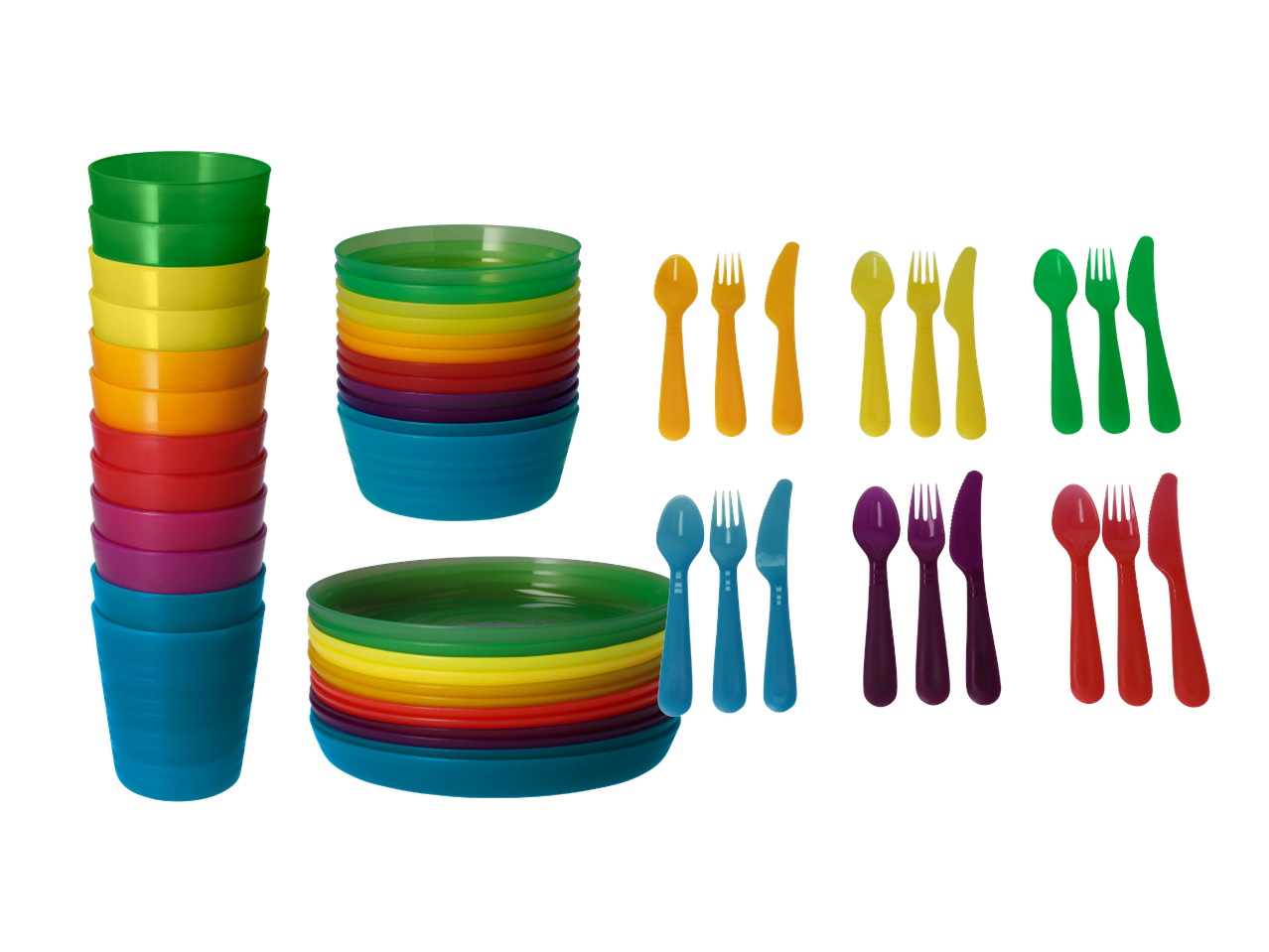 Šareni set posuđa za djecu, uključujući tanjure, zdjele, šalice i pribor za jelo.