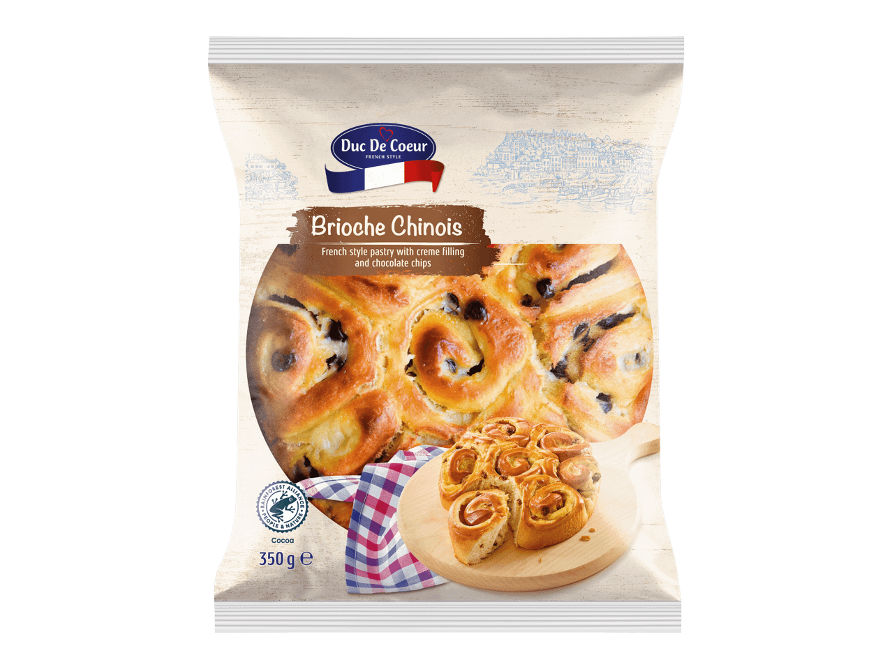 Pakkaus brioche chinois -leivonnaisia, joissa on vaniljatäytettä ja suklaahippuja.