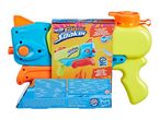 A blue and orange water blaster in packaging, with a yellow water tank.