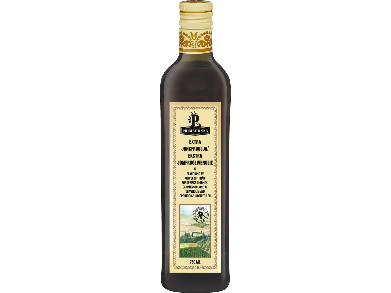En flaska Primadonna extra jungfruolja/ekstra jungfruolivolja (750 ml).