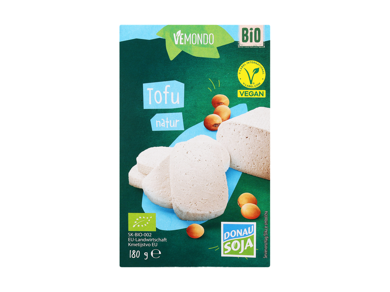 Pakiranje naravnega tofuja z oznakami bio, vegansko in Donau Soja, 180 g.