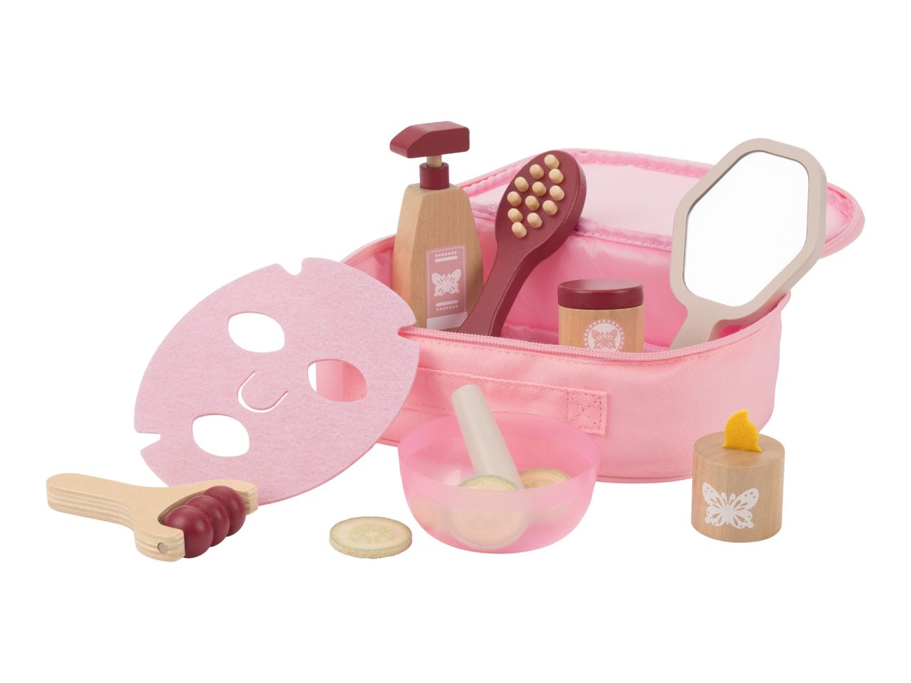 Wooden and felt spa play set with a pink bag, face mask, lotion, brush, mirror, and cucumber slices.