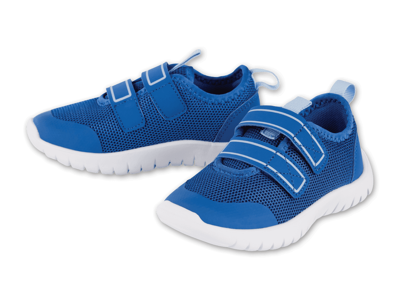 Ein Paar blaue Kinderschuhe mit Klettverschluss und weißer Sohle.