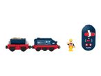 Toy train with cargo wagon, construction worker figure, and remote control.