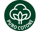 Sigillo verde con un fiore di cotone bianco e la scritta 'PURO COTONE'.