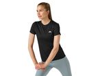 Woman in black short-sleeved sports top and light blue leggings stretching