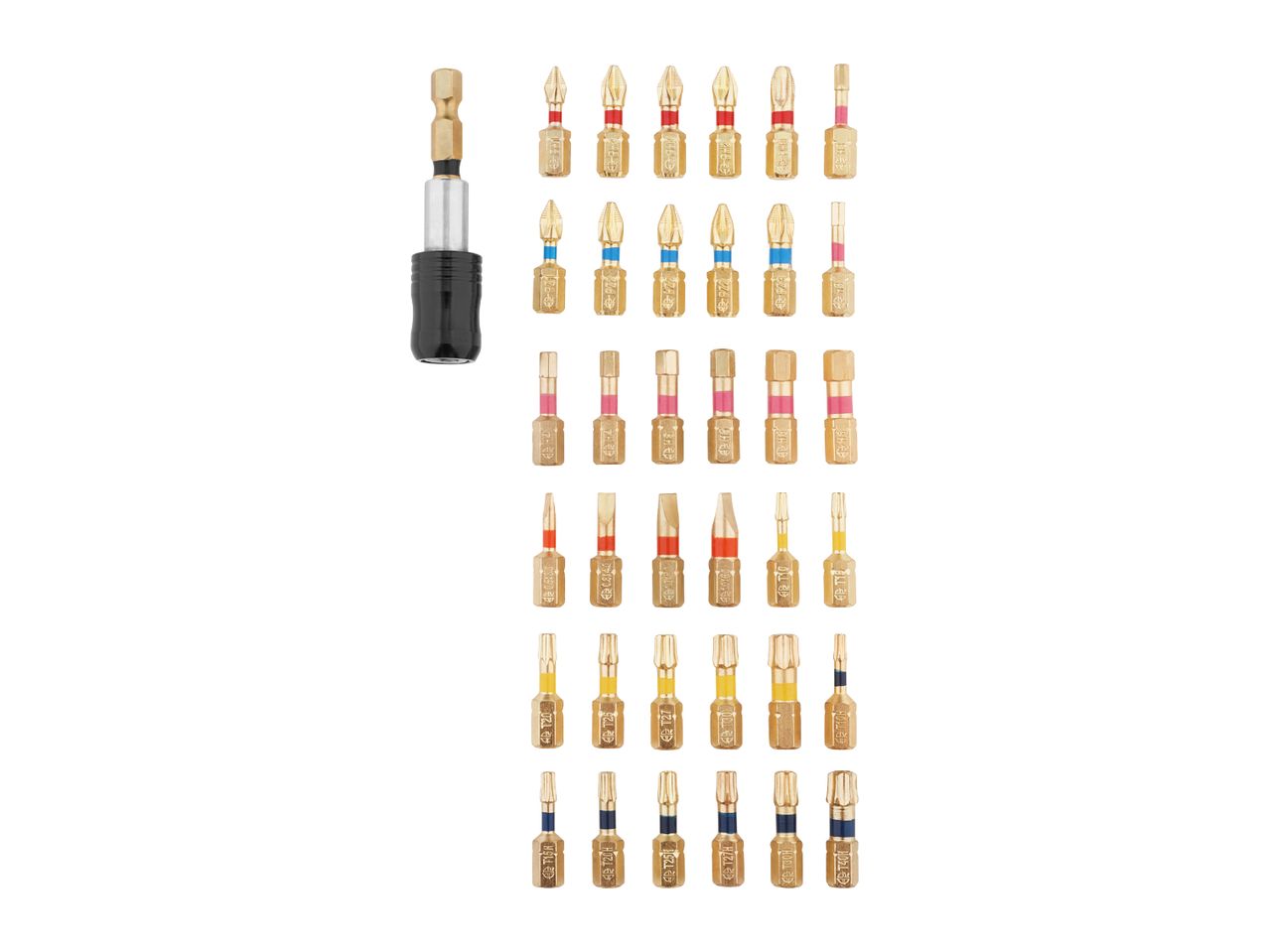 A set of screwdriver bits and a magnetic bit holder, including various sizes and types like PZ2, H4, T20, and T25.
