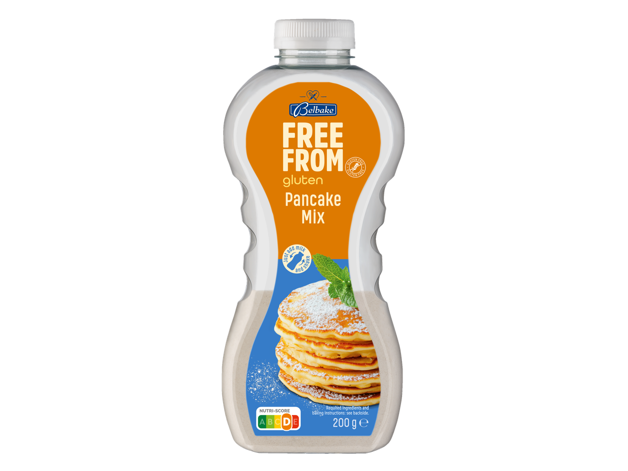 Mistura para panquecas sem glúten Belbake Free From numa garrafa de 200g.