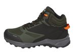 A pair of dark green and black waterproof hiking boots with orange accents.