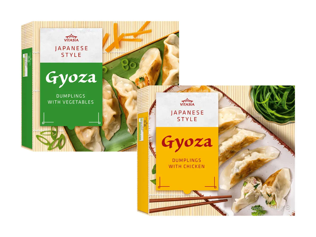 Zwei Packungen japanische Gyoza-Knödel, eine mit Gemüse und eine mit Hühnchen.
