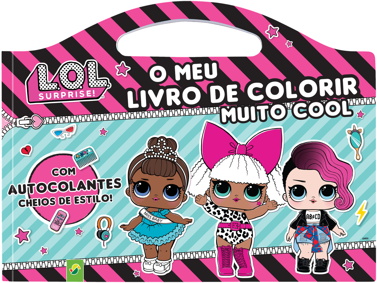 Livro de colorir LOL Surprise! com autocolantes, apresentando três bonecas e acessórios.