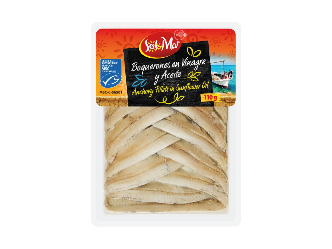 Anchovy fillets in sunflower oil, with MSC certification and 110g weight.