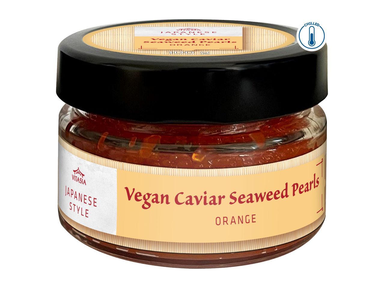 Jar of Japanese-style vegan caviar seaweed pearls in orange flavor, labeled as chilled.