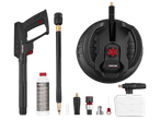 Комплект за почистване под високо налягане, включващ пистолет, удължител, препарат и различни приставки.