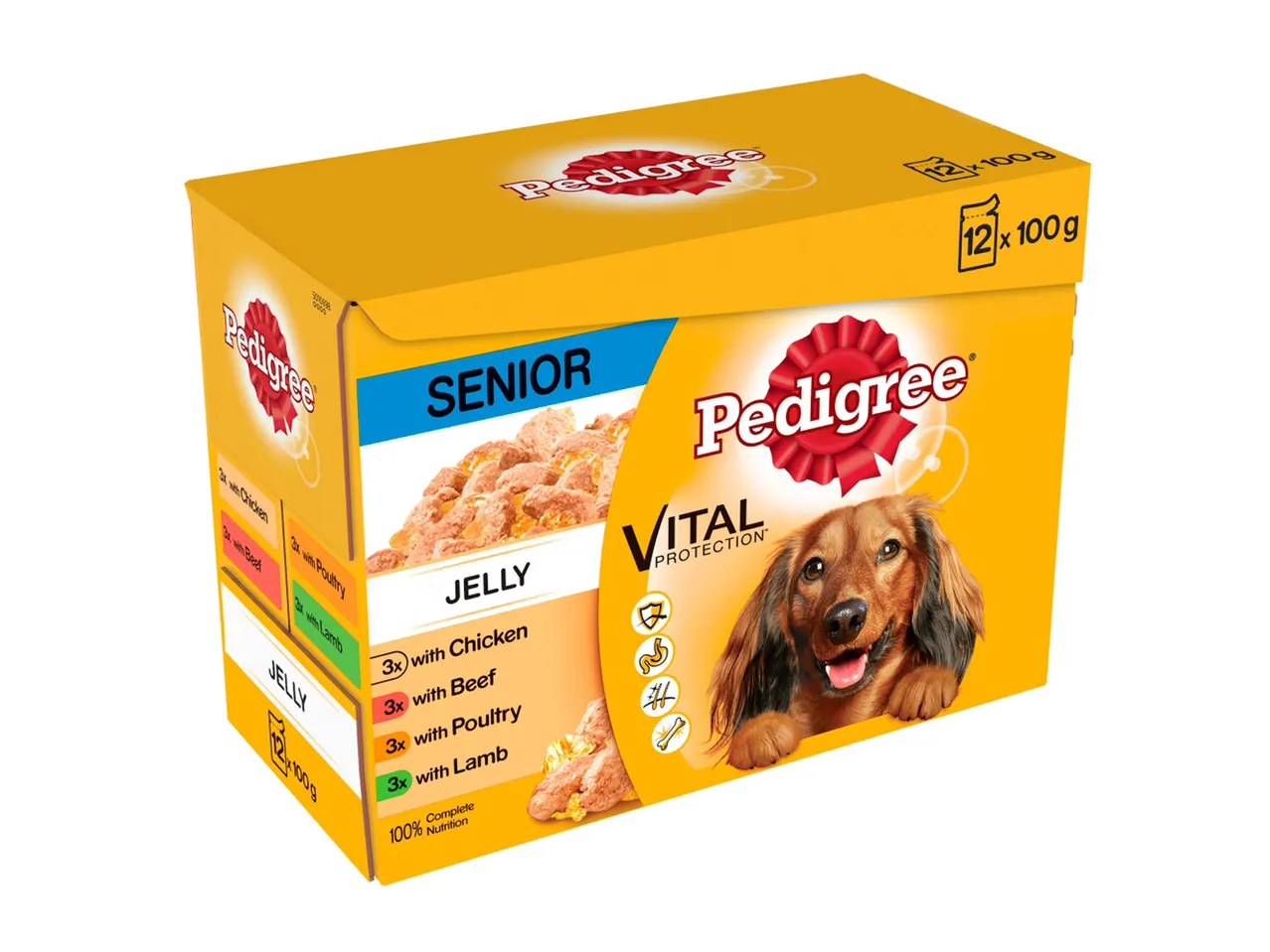 Pedigree Vital Protection: senior dog food in jelly with chicken, beef, poultry and lamb.