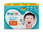 Jumbopack med 92 bløde og tørre bleer i størrelse 3 (6-10 kg) med op til 12 timers beskyttelse.