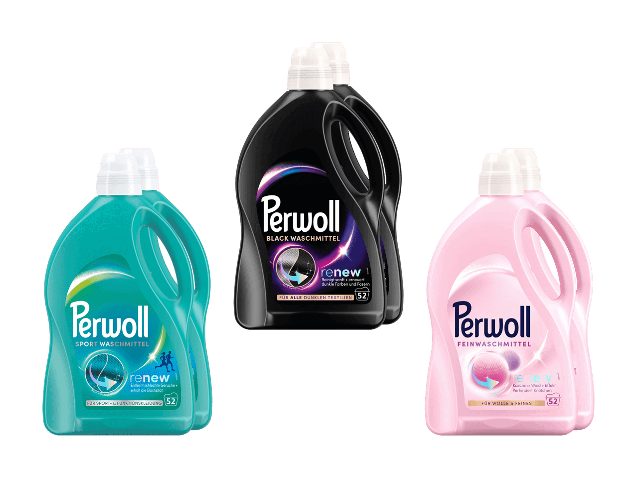 Drei Flaschen Flüssigwaschmittel: eine schwarze für dunkle Textilien, eine türkise für Sport und eine rosa für Wolle.