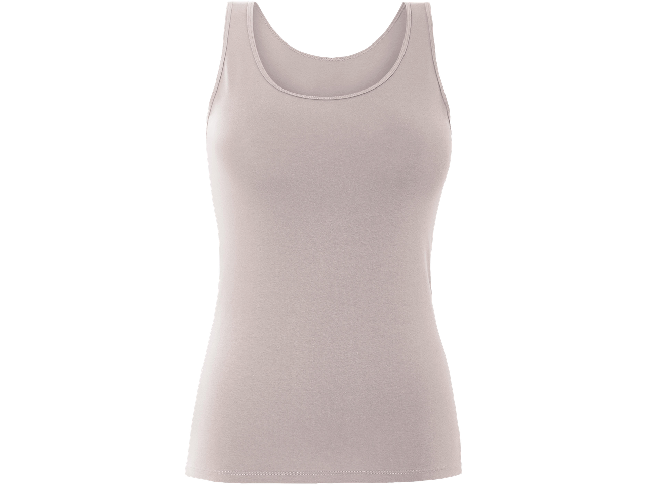 Női bézs színű, ujjatlan trikó, kerek nyakkivágással.