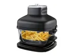 Black air fryer with a clear basket full of golden french fries.