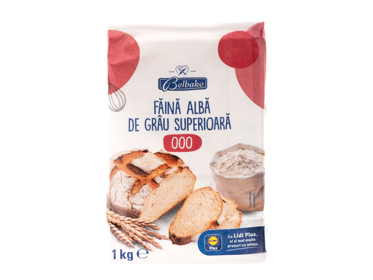 Făină albă Belbake 000 de grâu superior (1kg), produs Lidl Plus.
