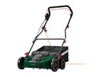 Electric lawn mower with a grass collection box, featuring green and black colors with red accents.