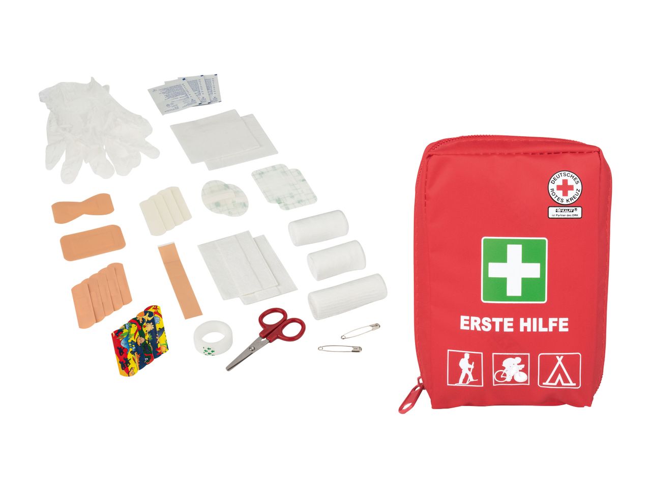 Rotes Erste-Hilfe-Set mit Verbandsmaterial, Schere, Pflastern und Handschuhen
